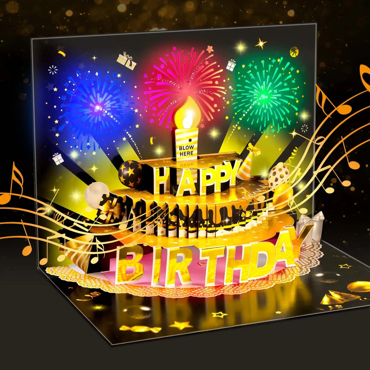 Firework Pop-Up Birthday Card with LED Candle & Music - Gift for All